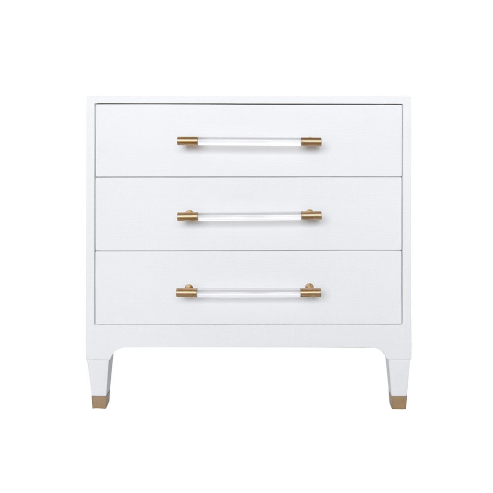 Worlds Away - Three Drawer Side Table In Textured White Linen With Antique Brass And Acrylic Hardware - AMBER WHL view 2