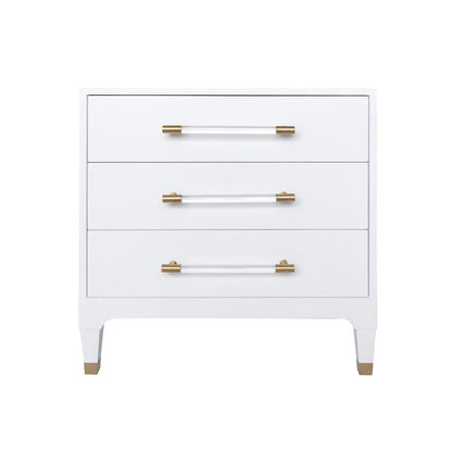 Worlds Away - Three Drawer Side Table In Textured White Linen With Antique Brass And Acrylic Hardware - AMBER WHL view 2