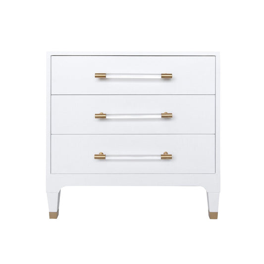 Worlds Away - Three Drawer Side Table In Textured White Linen With Antique Brass And Acrylic Hardware - AMBER WHL view 2