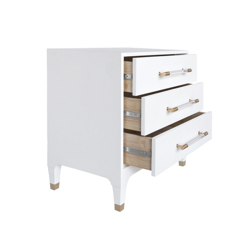 Worlds Away - Three Drawer Side Table In Textured White Linen With Antique Brass And Acrylic Hardware - AMBER WHL view 3