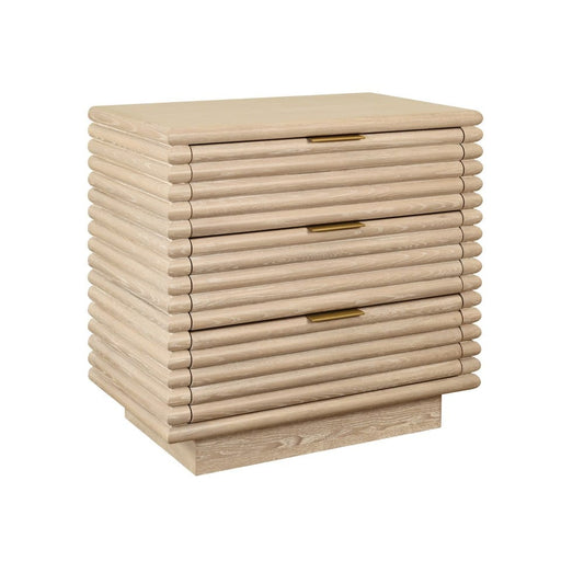Worlds Away - Three Drawer Side Table With Antique Brass Hardware And Large Horizontal Reeds In Cerused Oak - MATEO CO view 1