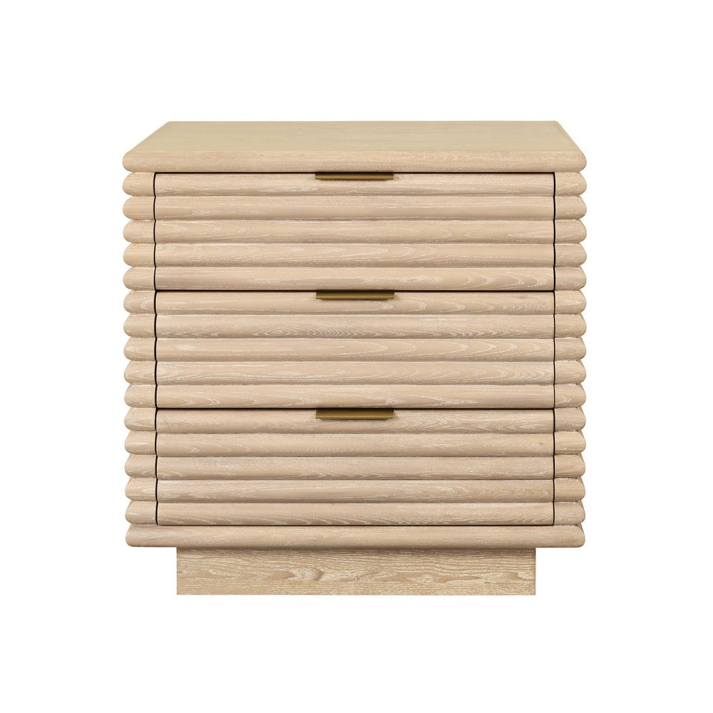 Worlds Away - Three Drawer Side Table With Antique Brass Hardware And Large Horizontal Reeds In Cerused Oak - MATEO CO view 2