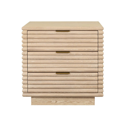 Worlds Away - Three Drawer Side Table With Antique Brass Hardware And Large Horizontal Reeds In Cerused Oak - MATEO CO view 2