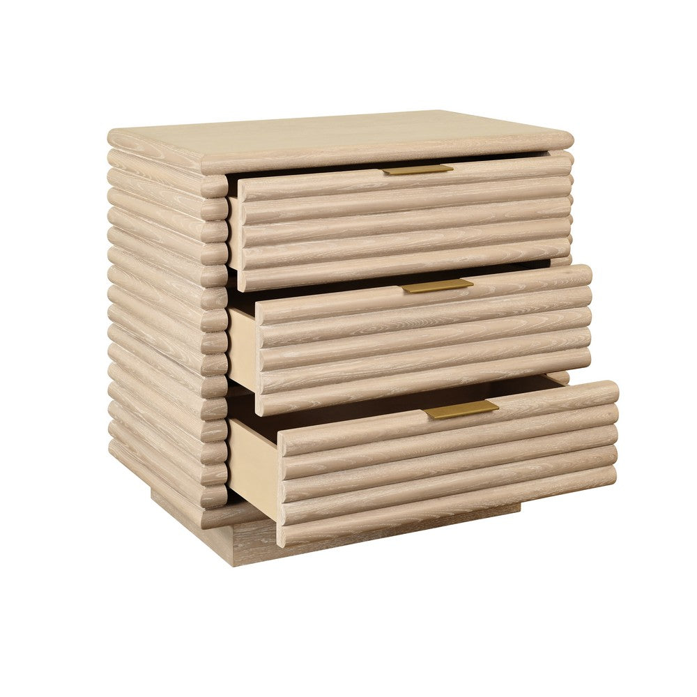 Worlds Away - Three Drawer Side Table With Antique Brass Hardware And Large Horizontal Reeds In Cerused Oak - MATEO CO view 3