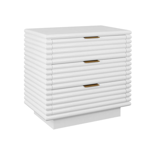 Worlds Away - Three Drawer Side Table With Antique Brass Hardware And Large Horizontal Reeds In White Lacquer - MATEO WH view 1