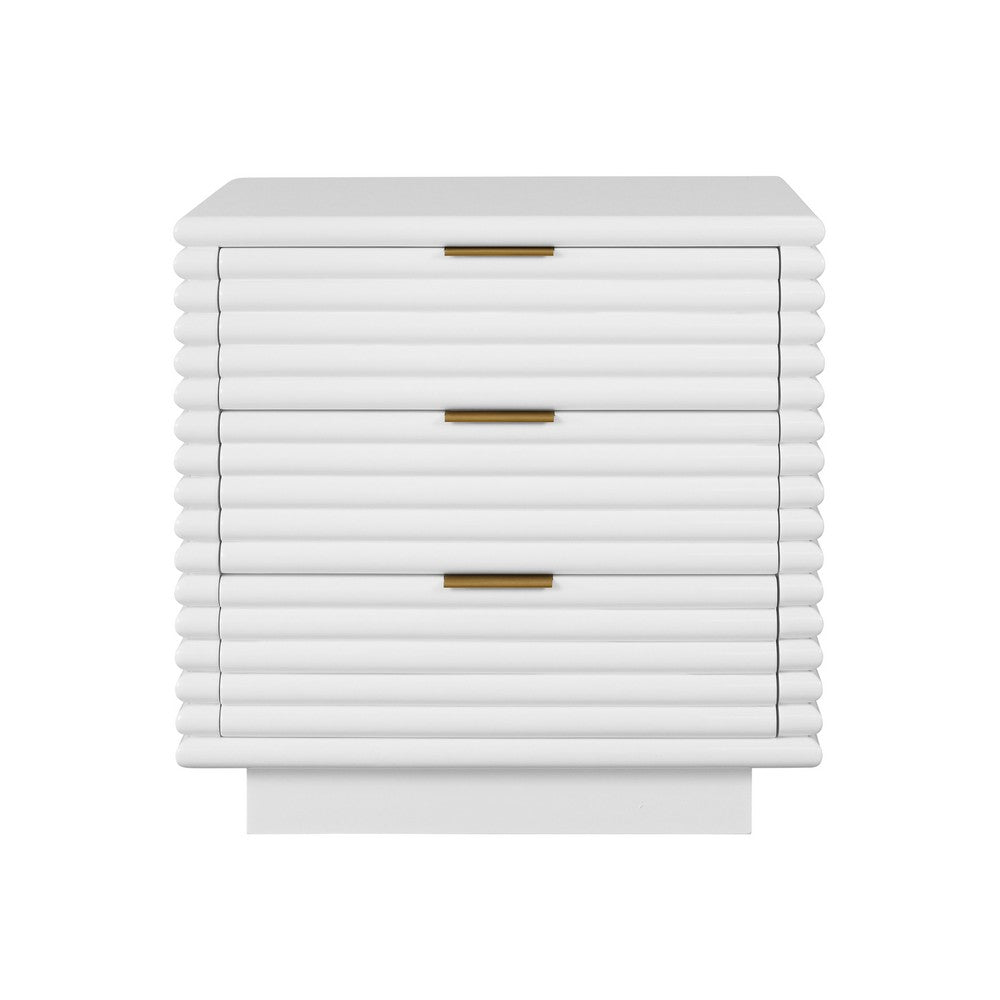 Worlds Away - Three Drawer Side Table With Antique Brass Hardware And Large Horizontal Reeds In White Lacquer - MATEO WH view 2