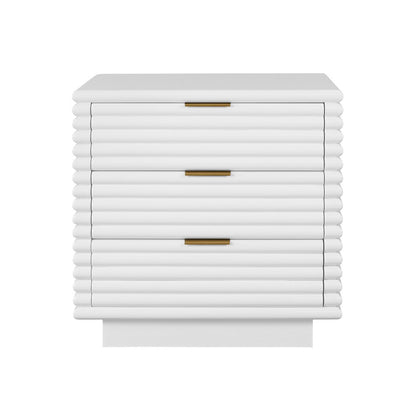 Worlds Away - Three Drawer Side Table With Antique Brass Hardware And Large Horizontal Reeds In White Lacquer - MATEO WH view 2