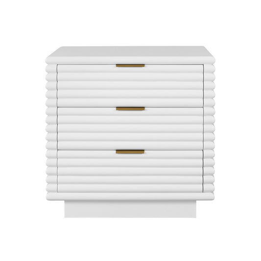 Worlds Away - Three Drawer Side Table With Antique Brass Hardware And Large Horizontal Reeds In White Lacquer - MATEO WH view 2