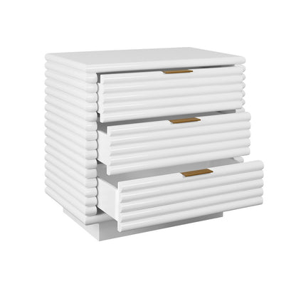 Worlds Away - Three Drawer Side Table With Antique Brass Hardware And Large Horizontal Reeds In White Lacquer - MATEO WH view 3