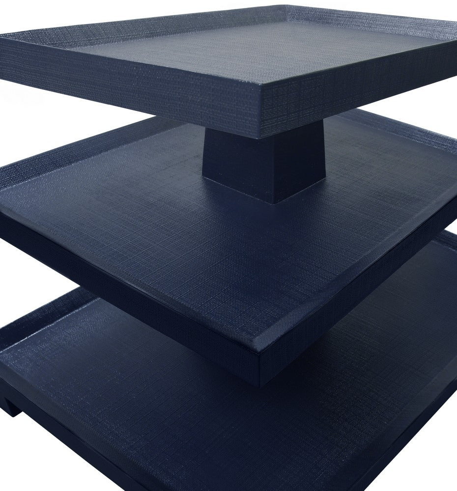 Worlds Away - Three Tier Center Column Side Table In Textured Navy Linen - TATIANA NVY view 3