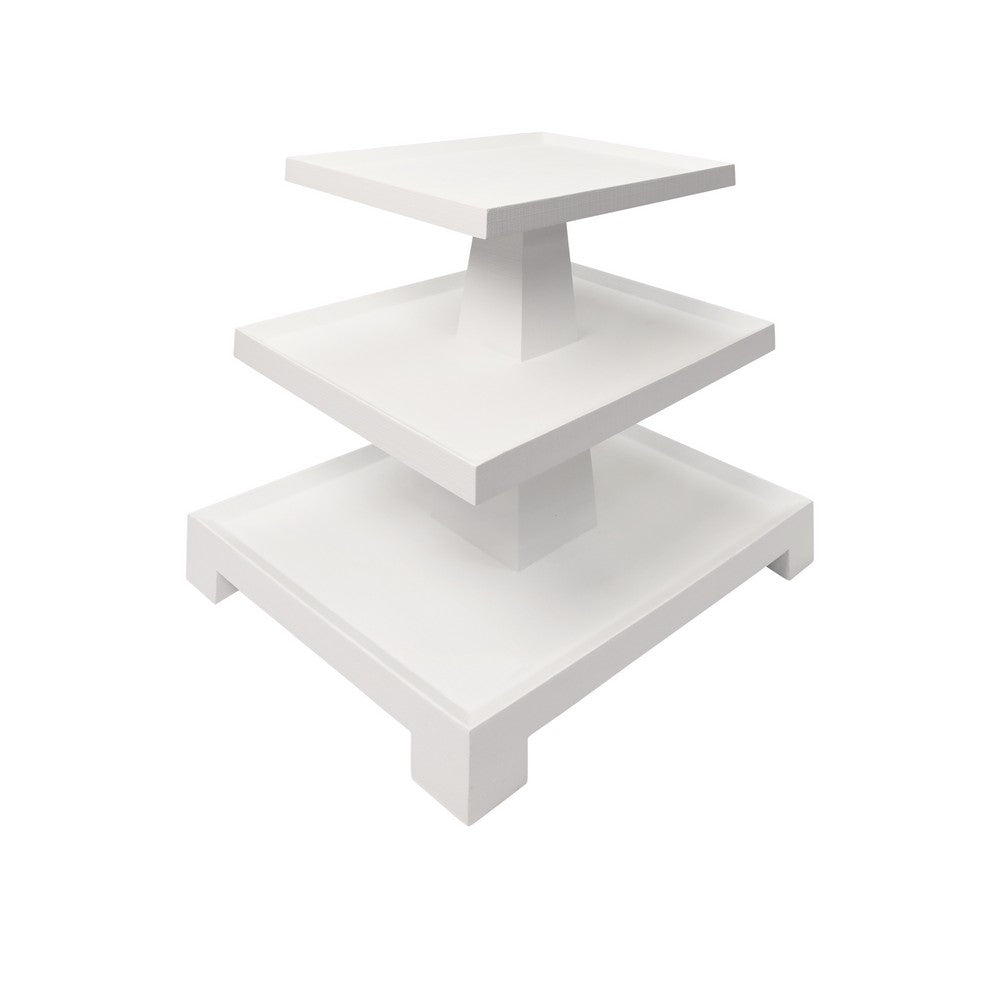 Worlds Away - Three Tier Center Column Side Table In Textured White Linen - TATIANA WH view 1