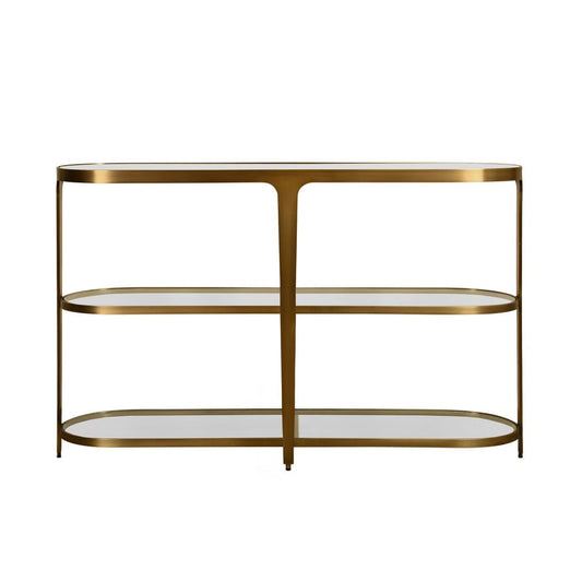 Worlds Away - Three Tier Glass Top Racetrack Console In Antique Brass - ADDISON ABR view 2