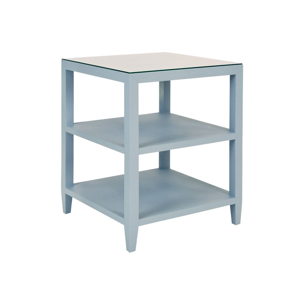 Worlds Away - Three Tier Square Side Table In Textured Light Blue Linen - AMIE LB view 1