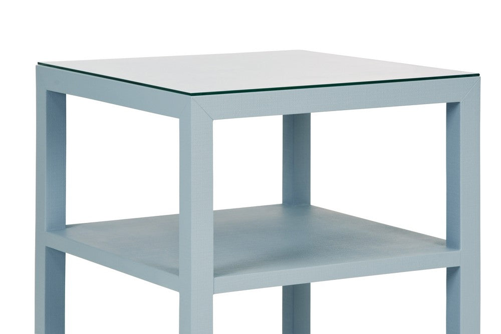 Worlds Away - Three Tier Square Side Table In Textured Light Blue Linen - AMIE LB view 3
