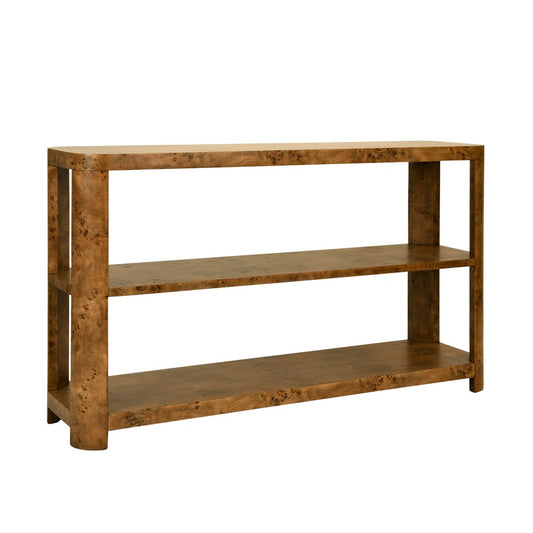 Worlds Away - Tier Tier Console With Curved Corners In Dark Burl Wood - EMERY DBW view 1