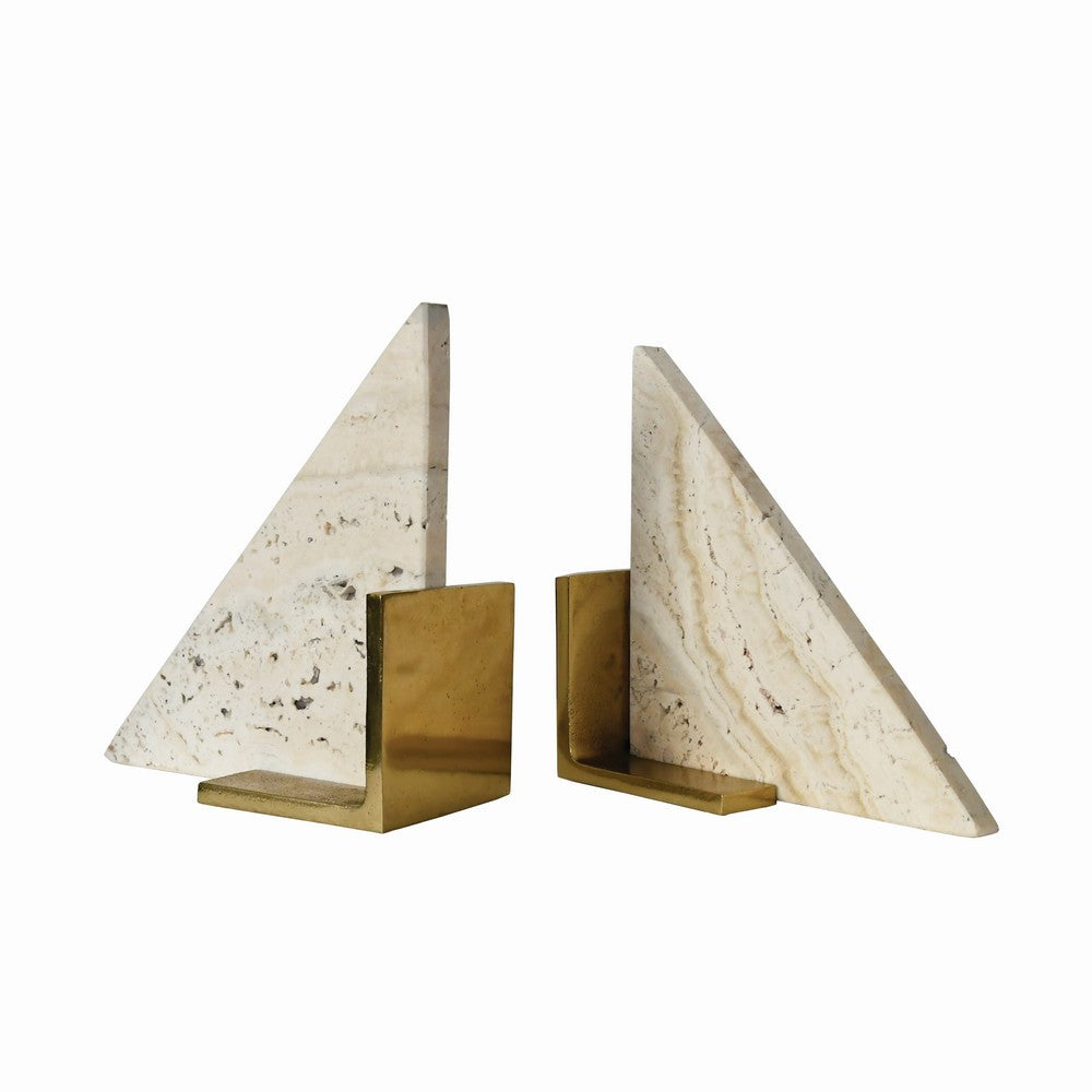 Worlds Away - Triangle Shaped Travertine Marble Bookend With Brass Base - TRIO view 1