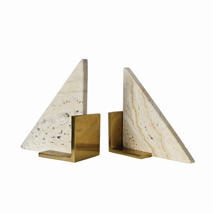 Worlds Away - Triangle Shaped Travertine Marble Bookend With Brass Base - TRIO view 1