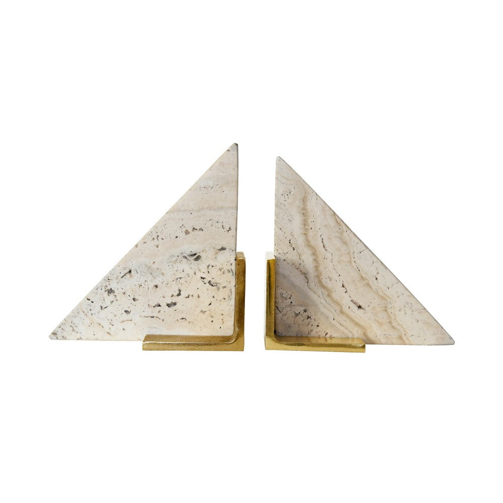 Worlds Away - Triangle Shaped Travertine Marble Bookend With Brass Base - TRIO view 2