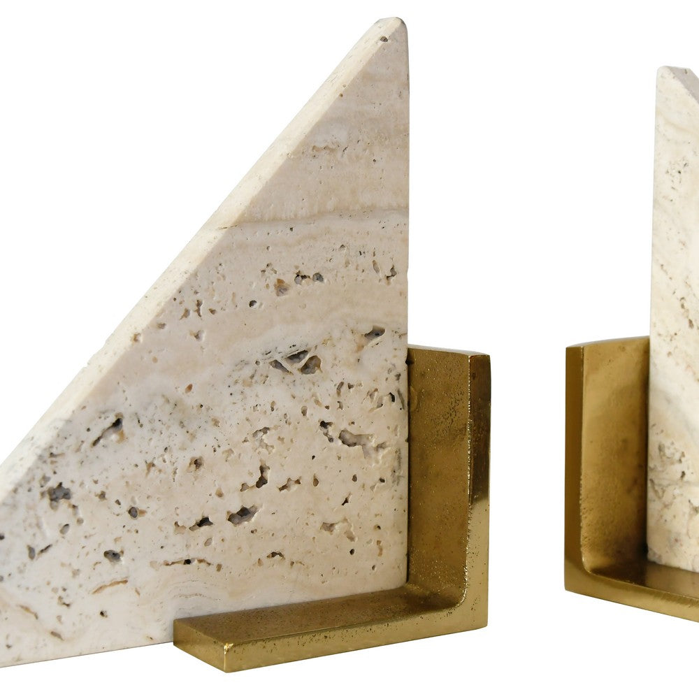 Worlds Away - Triangle Shaped Travertine Marble Bookend With Brass Base - TRIO view 3