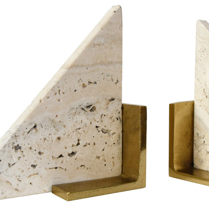 Worlds Away - Triangle Shaped Travertine Marble Bookend With Brass Base - TRIO view 3