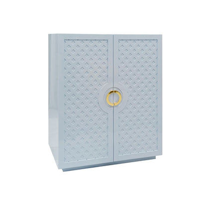 Worlds Away - Two Door Cabinet With Lattice Overlay And Brass Circle Hardware In Light Blue Lacquer - POPPY LB view 1