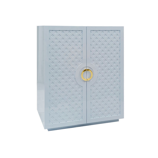 Worlds Away - Two Door Cabinet With Lattice Overlay And Brass Circle Hardware In Light Blue Lacquer - POPPY LB view 1