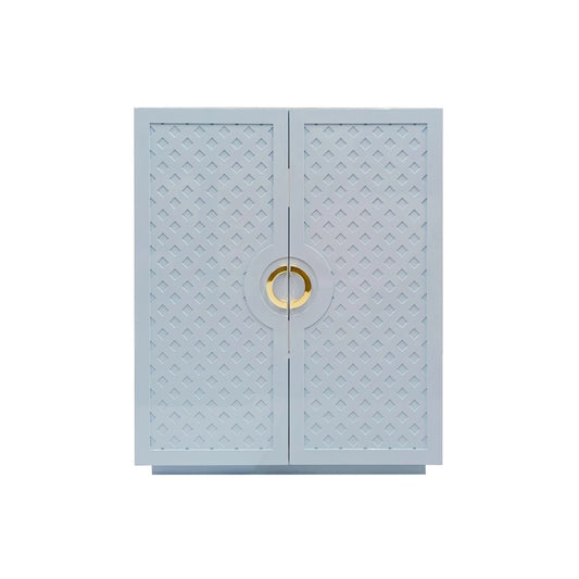 Worlds Away - Two Door Cabinet With Lattice Overlay And Brass Circle Hardware In Light Blue Lacquer - POPPY LB view 2