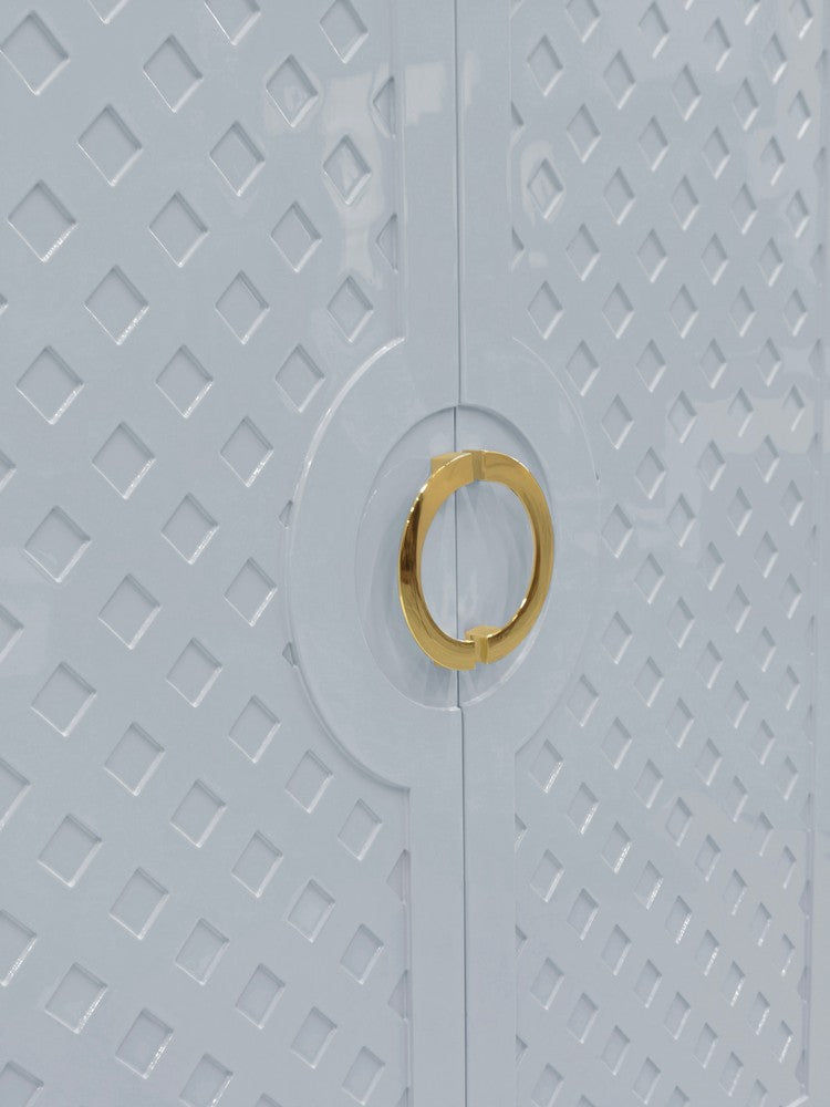 Worlds Away - Two Door Cabinet With Lattice Overlay And Brass Circle Hardware In Light Blue Lacquer - POPPY LB view 4