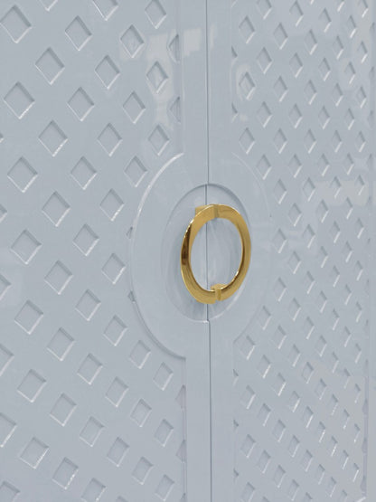 Worlds Away - Two Door Cabinet With Lattice Overlay And Brass Circle Hardware In Light Blue Lacquer - POPPY LB view 4
