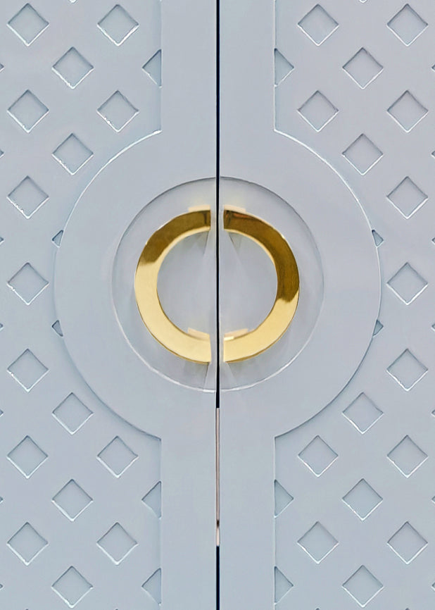 Worlds Away - Two Door Cabinet With Lattice Overlay And Brass Circle Hardware In Light Blue Lacquer - POPPY LB view 5