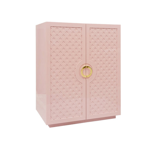Worlds Away - Two Door Cabinet With Lattice Overlay And Brass Circle Hardware In Pink Lacquer - POPPY PI view 1