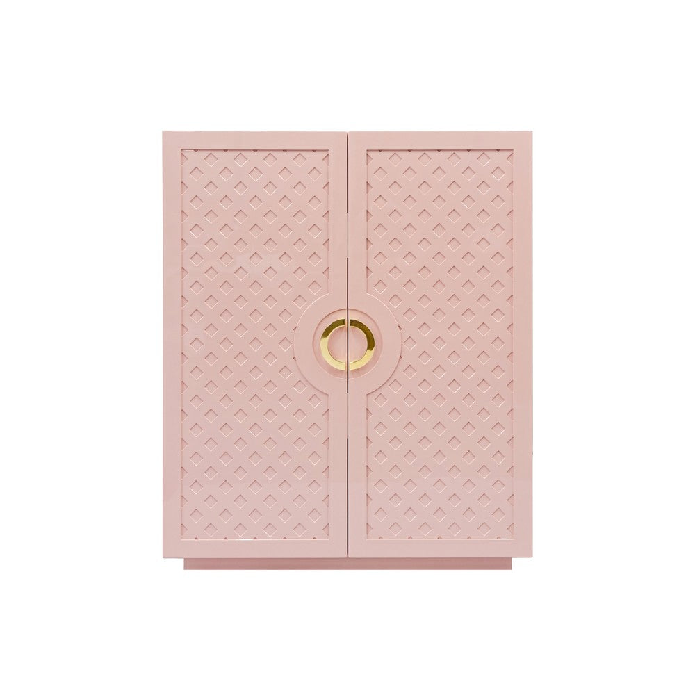 Worlds Away - Two Door Cabinet With Lattice Overlay And Brass Circle Hardware In Pink Lacquer - POPPY PI view 2