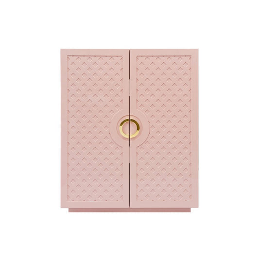 Worlds Away - Two Door Cabinet With Lattice Overlay And Brass Circle Hardware In Pink Lacquer - POPPY PI view 2