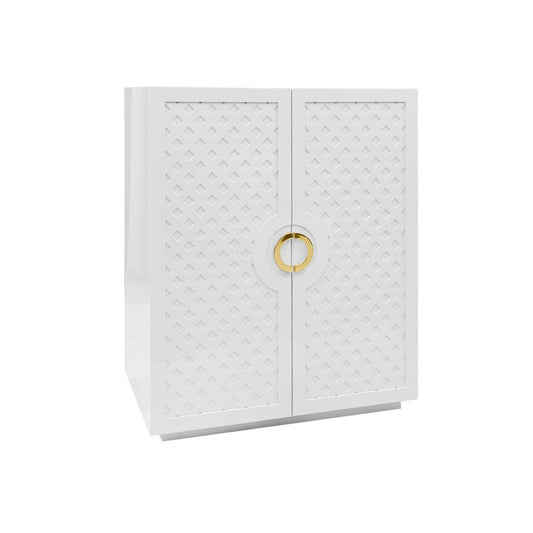 Worlds Away - Two Door Cabinet With Lattice Overlay And Brass Circle Hardware In White Lacquer - POPPY WH view 1
