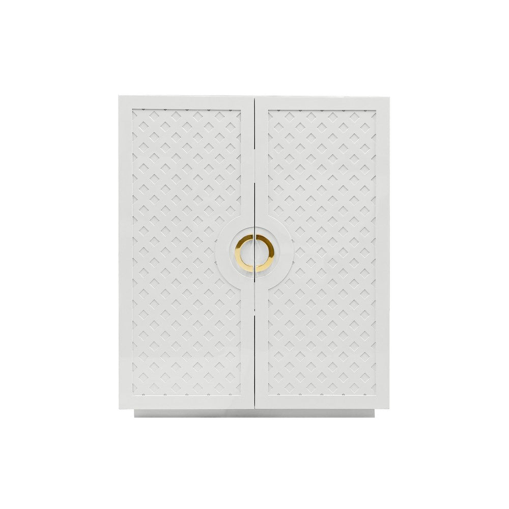 Worlds Away - Two Door Cabinet With Lattice Overlay And Brass Circle Hardware In White Lacquer - POPPY WH view 2