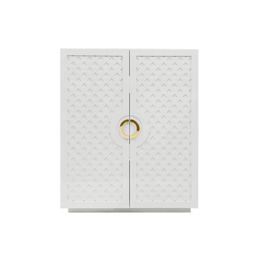 Worlds Away - Two Door Cabinet With Lattice Overlay And Brass Circle Hardware In White Lacquer - POPPY WH view 2