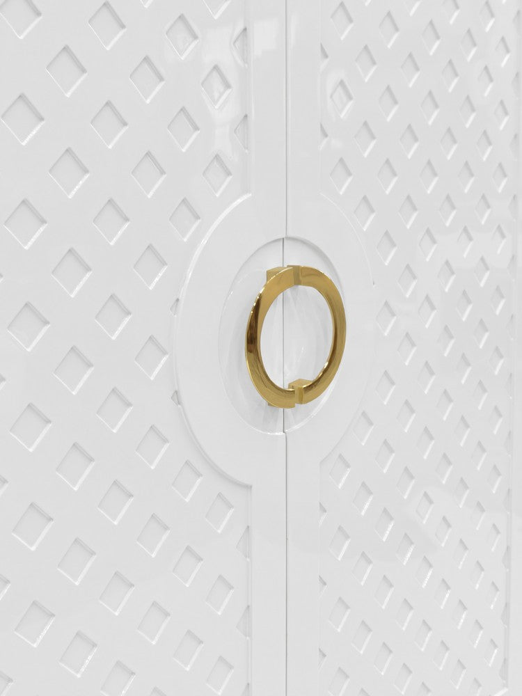 Worlds Away - Two Door Cabinet With Lattice Overlay And Brass Circle Hardware In White Lacquer - POPPY WH view 4