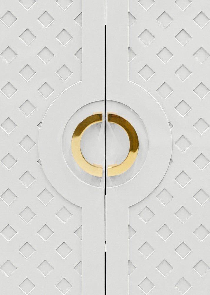 Worlds Away - Two Door Cabinet With Lattice Overlay And Brass Circle Hardware In White Lacquer - POPPY WH view 5