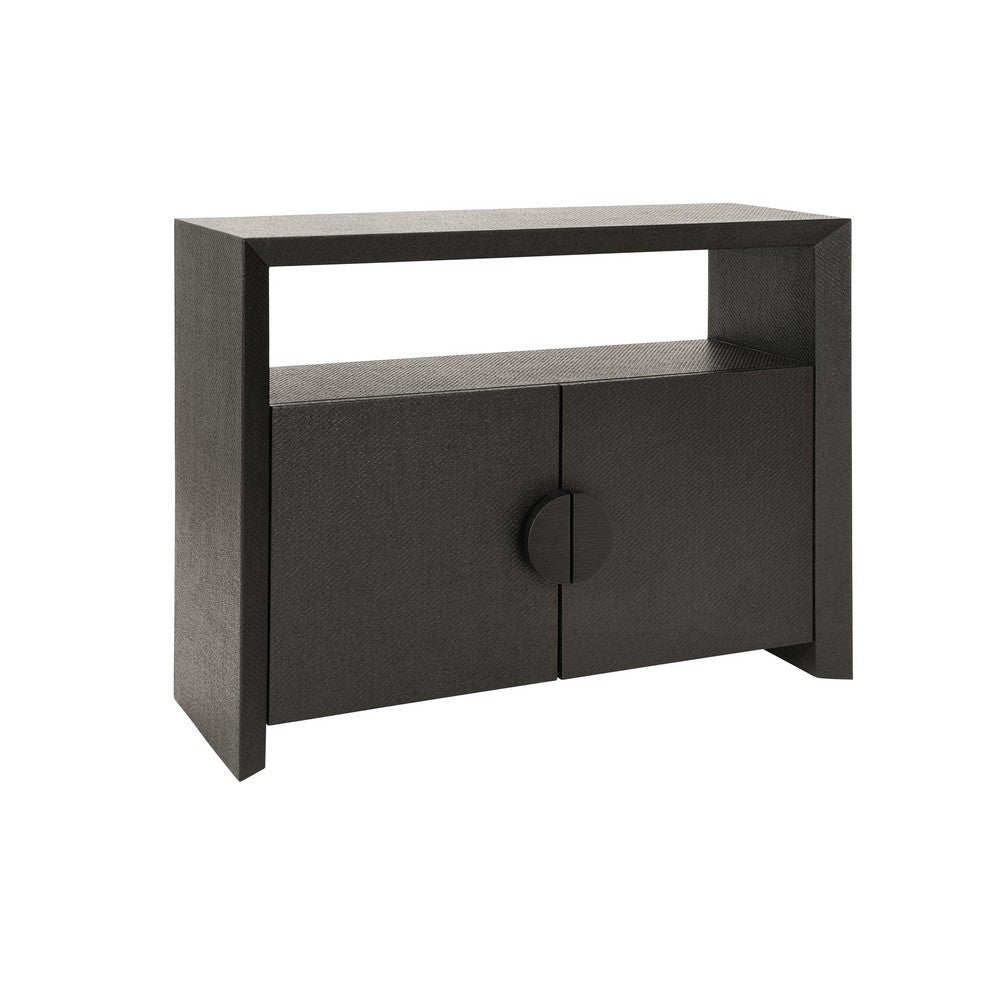 Worlds Away - Two Door Console With Open Shelf In Black Painted Grasscloth With Black Oak Handles - ASPEN BLK view 1