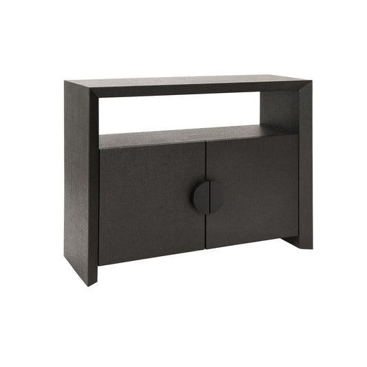Worlds Away - Two Door Console With Open Shelf In Black Painted Grasscloth With Black Oak Handles - ASPEN BLK view 1