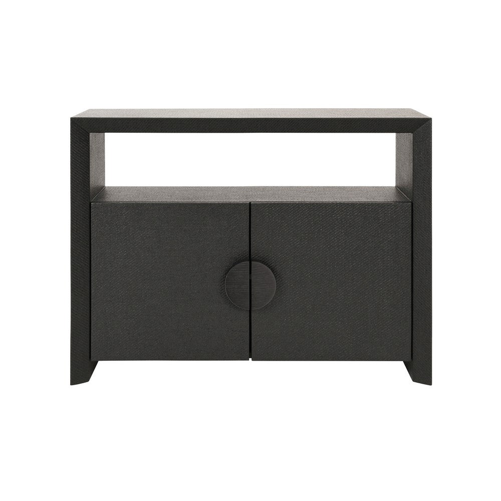 Worlds Away - Two Door Console With Open Shelf In Black Painted Grasscloth With Black Oak Handles - ASPEN BLK view 2