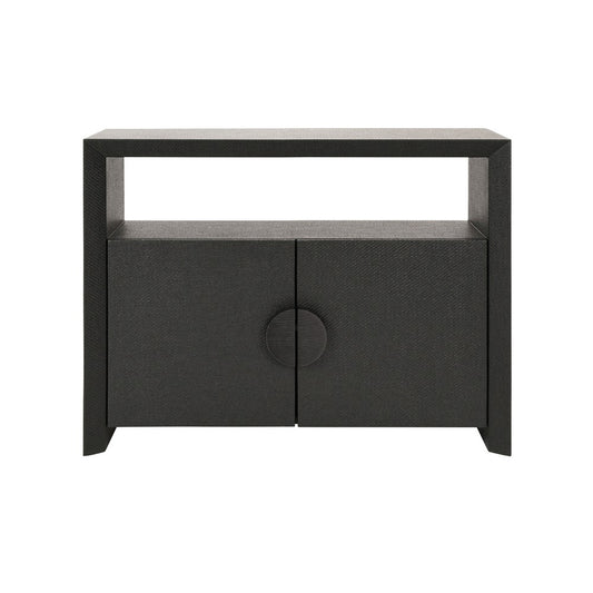 Worlds Away - Two Door Console With Open Shelf In Black Painted Grasscloth With Black Oak Handles - ASPEN BLK view 2