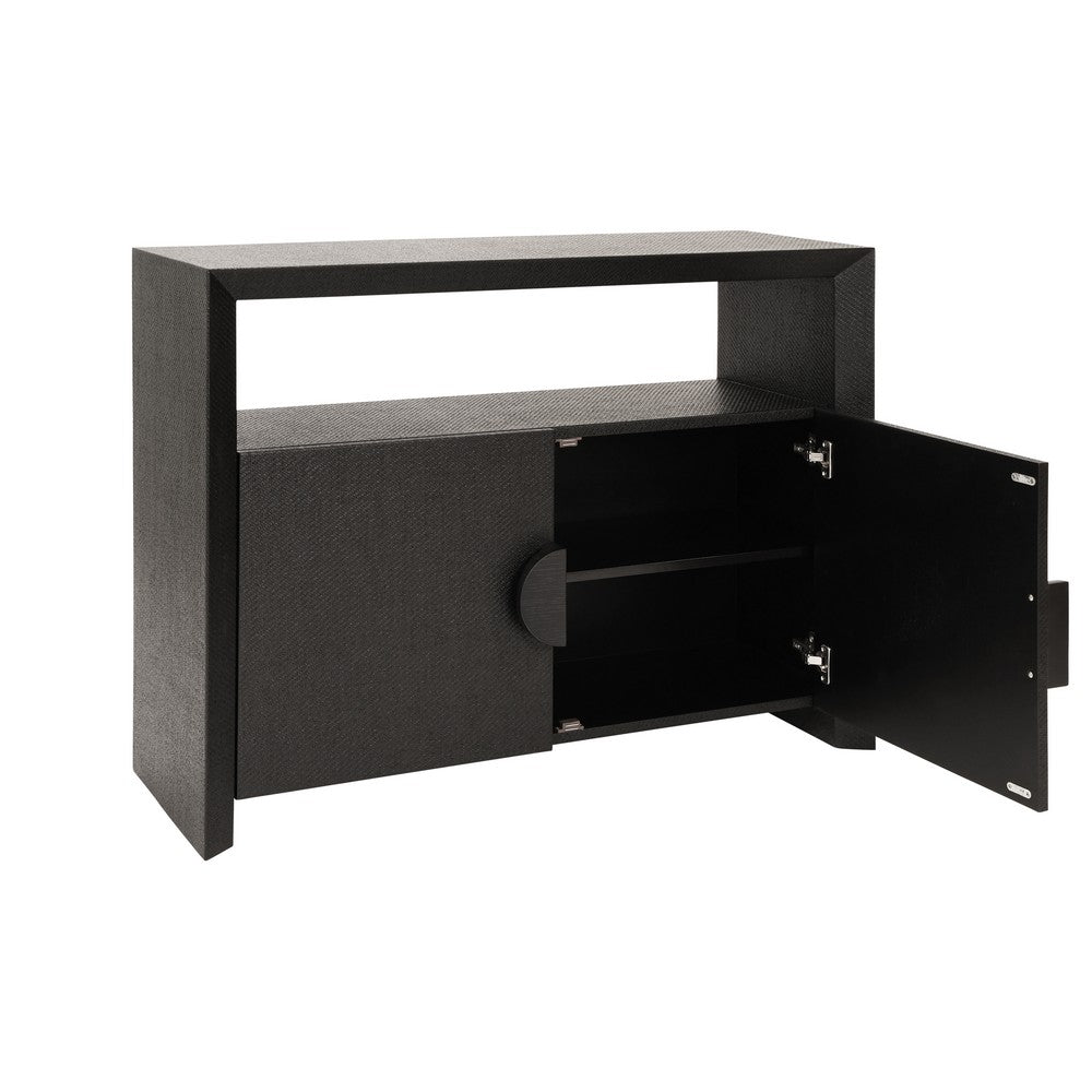 Worlds Away - Two Door Console With Open Shelf In Black Painted Grasscloth With Black Oak Handles - ASPEN BLK view 3