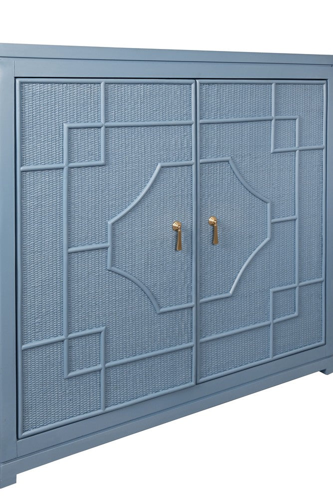 Worlds Away - Two Door Decorative Rattan Overlay Cabinet With Curved Ends Painted In Capri Blue - ISABEL CB view 5