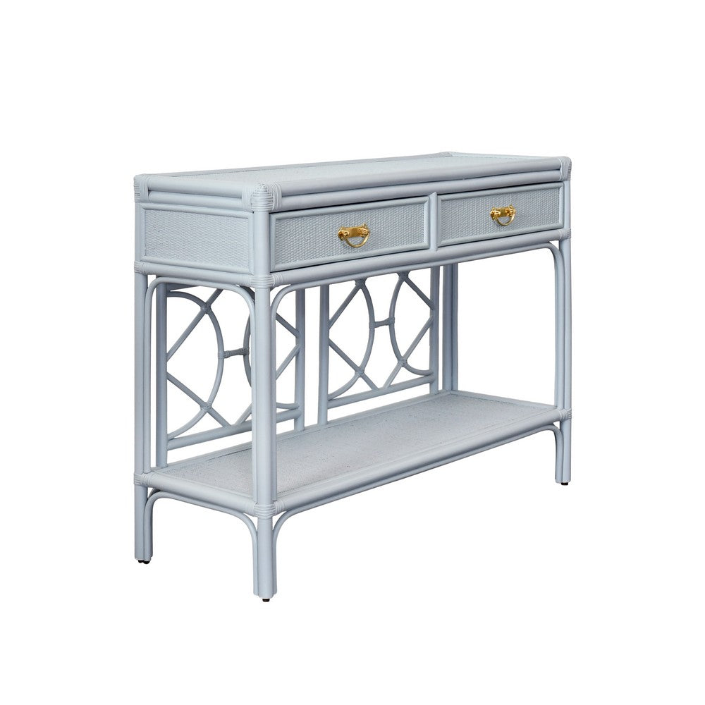 Worlds Away - Two Drawer Console With Decorative Back In Rattan Painted Light Blue - GIDEON LB view 1
