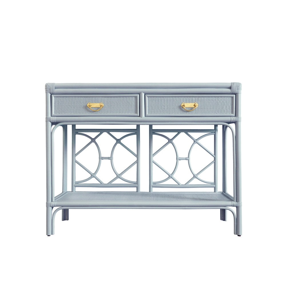 Worlds Away - Two Drawer Console With Decorative Back In Rattan Painted Light Blue - GIDEON LB view 2