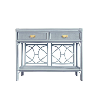 Worlds Away - Two Drawer Console With Decorative Back In Rattan Painted Light Blue - GIDEON LB view 2