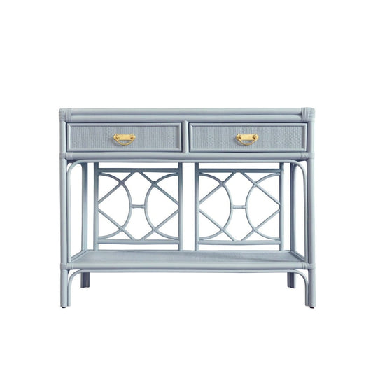 Worlds Away - Two Drawer Console With Decorative Back In Rattan Painted Light Blue - GIDEON LB view 2