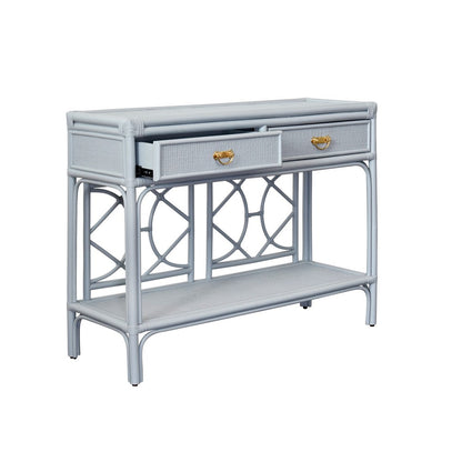 Worlds Away - Two Drawer Console With Decorative Back In Rattan Painted Light Blue - GIDEON LB view 3