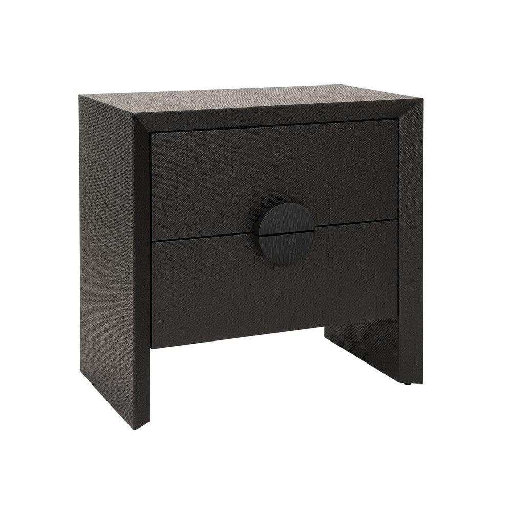 Worlds Away - Two Drawer Side Table In Black Painted Grasscloth With Black Oak Handles - EZRA BLK view 1